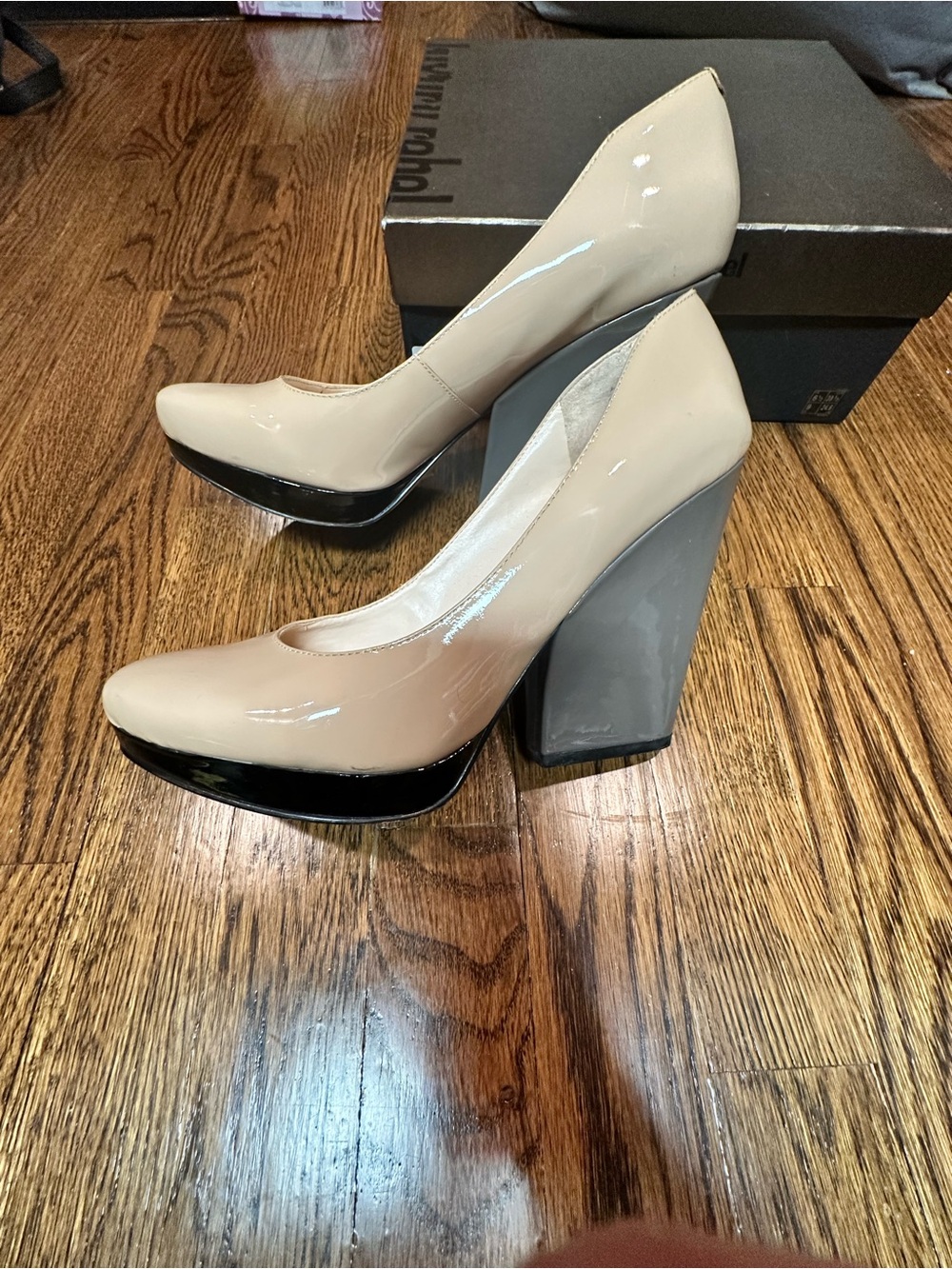Boutique 9 Nude Patent Platform Pumps with Black Platform and Gray Block Heel